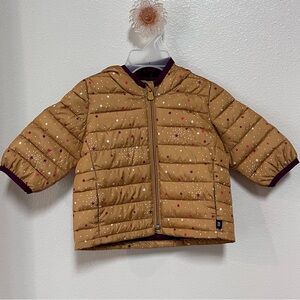 Gap Baby Puffer Coat Size 0-6 Months Girl Gold Burgundy Stars Jacket EUC